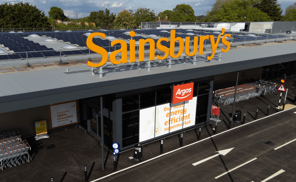 An image of a flagship Sainsbury's and Argos storefront.