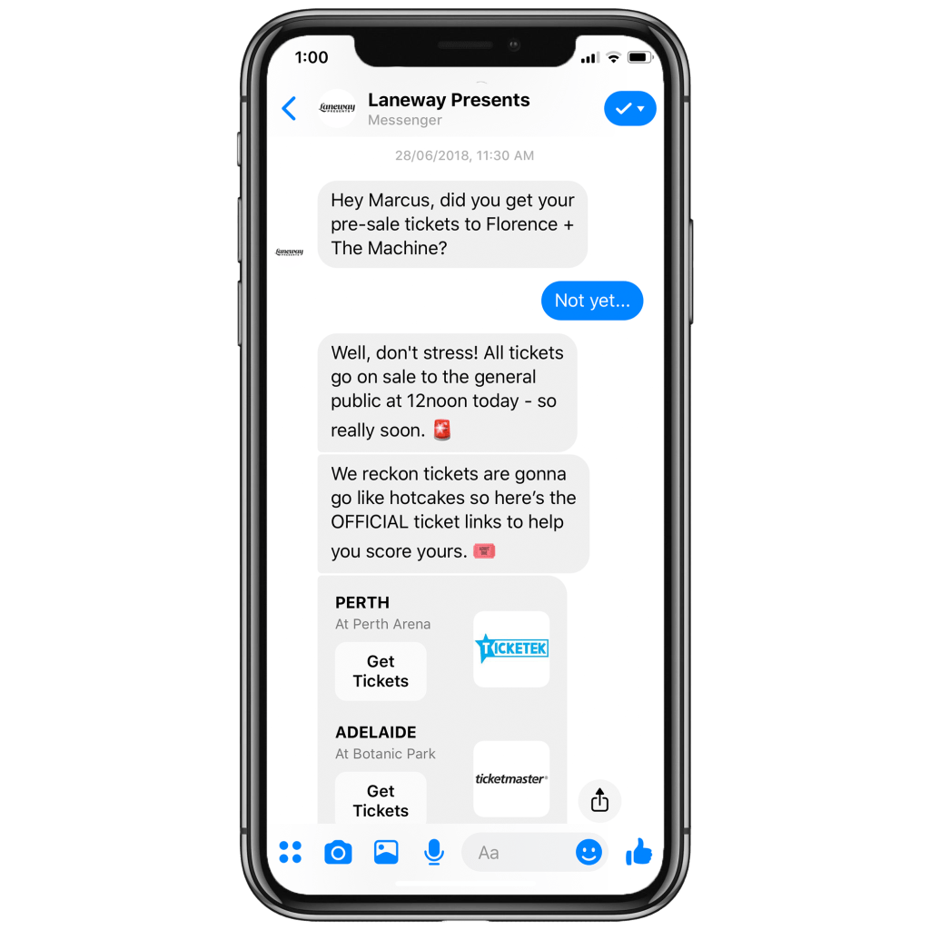 A screenshot of a Facebook messenger conversation with a bot designed to remind customers of ticket sale times.