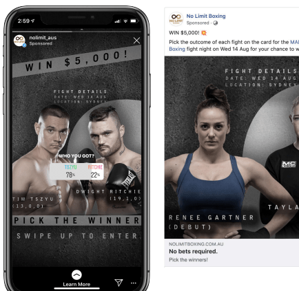 Two social media ads depicting boxers including Tim Tszyu advertising odds for his upcoming title fight.
